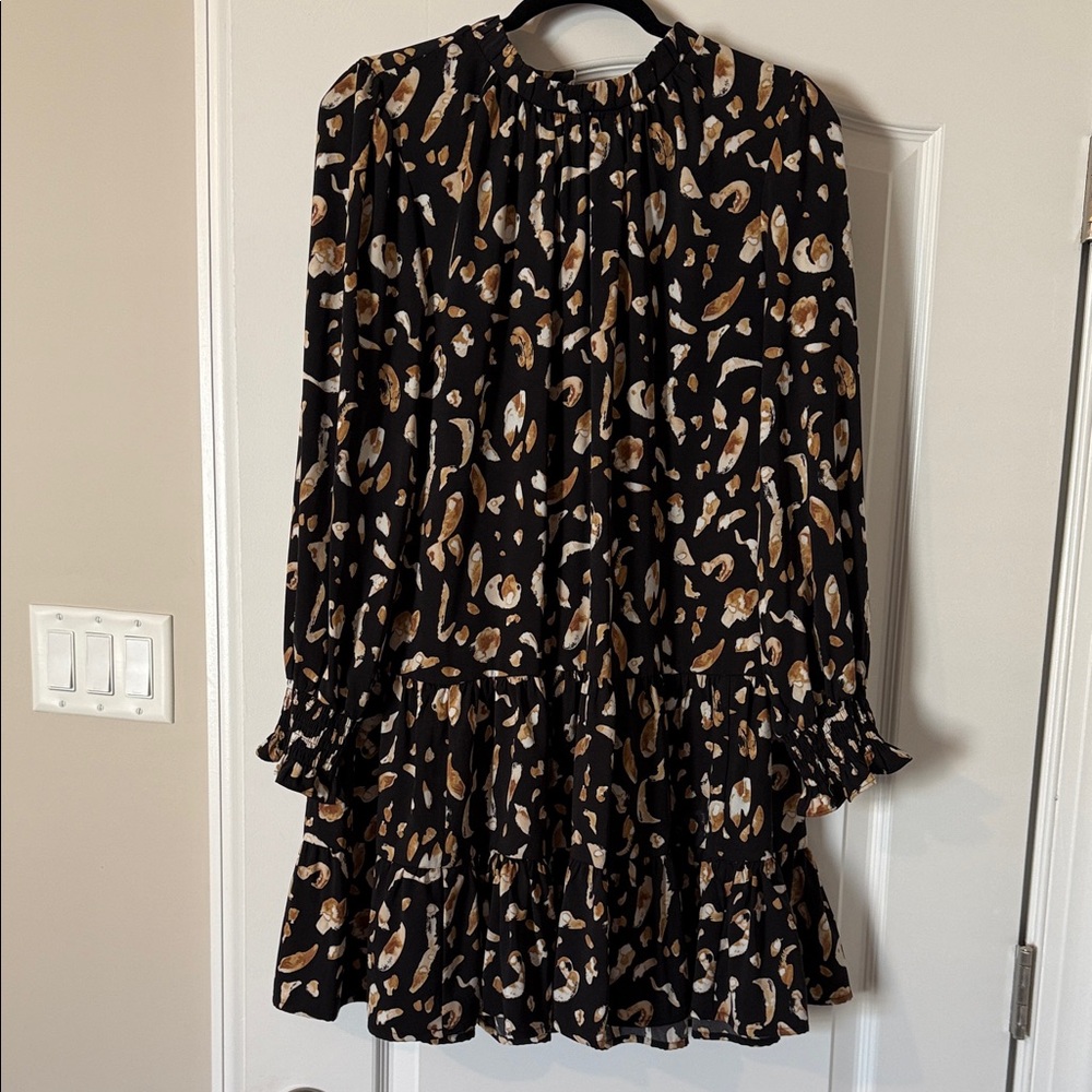 Nine West Black and Tan Patterned Long Sleeve Dress